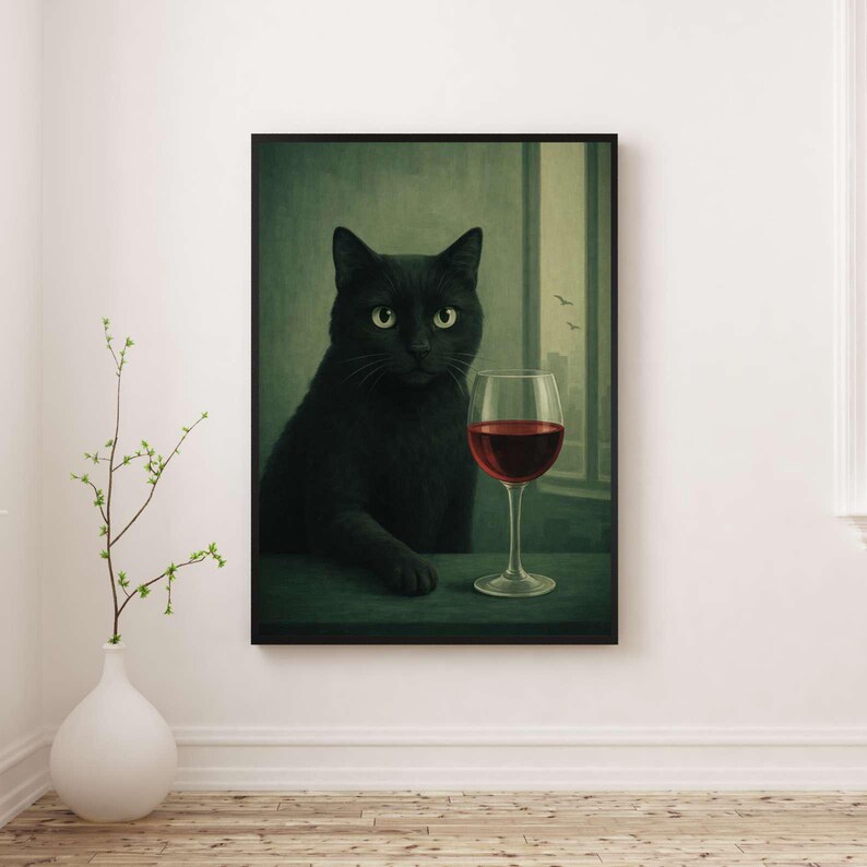 Black Cat Wine Print | Funny Animal Poster | Minimal Portrait Art ...