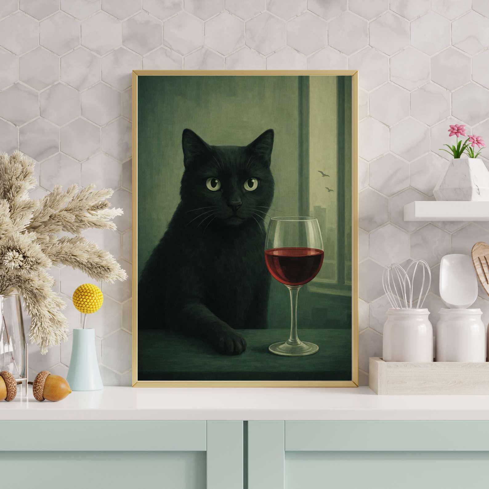 Black Cat Wine Print | Funny Animal Poster | Minimal Portrait Art ...