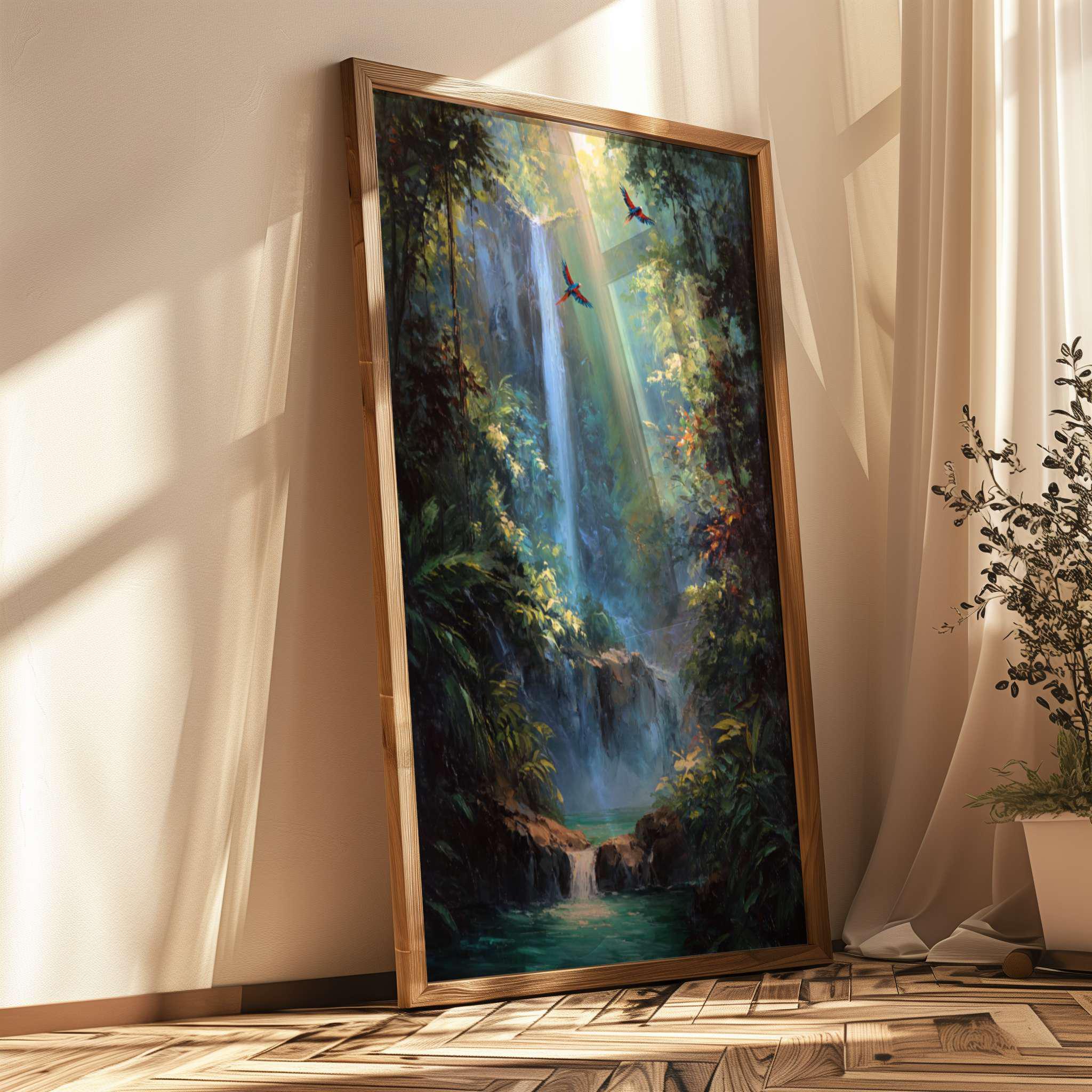 Tropical Waterfall Wall Art Print | Jungle Landscape Poster | Parrots ...