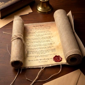 Puede incluir: Un pergamino de estilo vintage con texto manuscrito, atado con hilo y sellado con cera roja. El pergamino está parcialmente desenrollado, revelando el papel envejecido y la escritura. Un tintero de latón con una pluma y un libro encuadernado en cuero también son visibles.