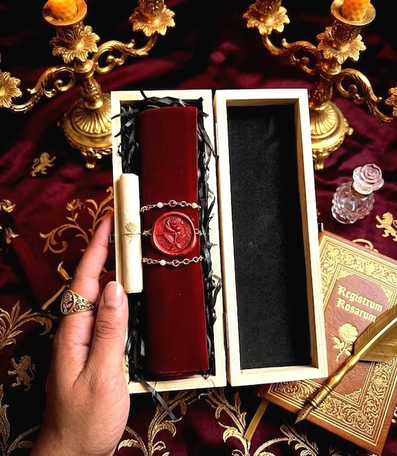 A hand-lettered vintage parchment scroll, wax seal, and velvet-lined wooden box — basically a royal proclamation you can send to someone you love.