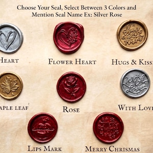 May include: Eight circular wax seals in silver, red, and gold colors, featuring embossed designs including a heart, flower heart, hugs & kisses, maple leaf, rose, with love, lips mark, and merry chrismas, arranged on a textured parchment background.