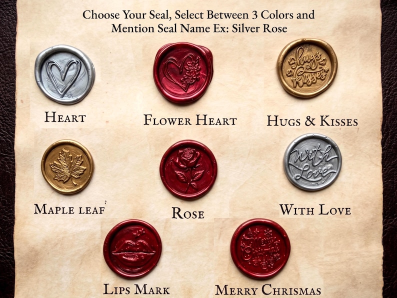 May include: Eight circular wax seals in silver, red, and gold colors, featuring embossed designs including a heart, flower heart, hugs & kisses, maple leaf, rose, with love, lips mark, and merry chrismas, arranged on a textured parchment background.