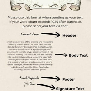 K&ouml;nnte beinhalten: Textformat-Leitfaden mit dekorativem Banner oben. Das Bild enth&auml;lt Anweisungen zum Formatieren von Text, einschlie&szlig;lich Kopfzeile, Textk&ouml;rper, Fu&szlig;zeile und Signaturtext. Der Text enth&auml;lt auch die S&auml;tze "Dearest Love" und "Kind Regards".