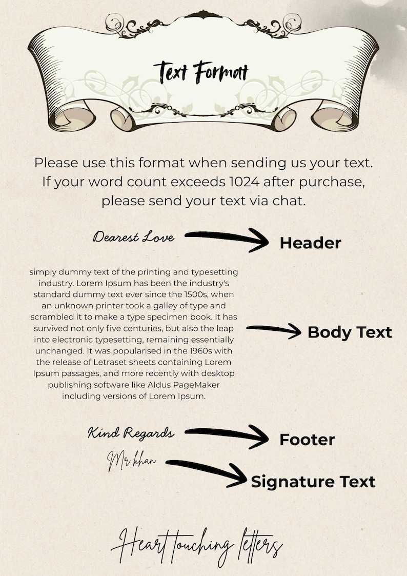 K&ouml;nnte beinhalten: Textformat-Leitfaden mit dekorativem Banner oben. Das Bild enth&auml;lt Anweisungen zum Formatieren von Text, einschlie&szlig;lich Kopfzeile, Textk&ouml;rper, Fu&szlig;zeile und Signaturtext. Der Text enth&auml;lt auch die S&auml;tze "Dearest Love" und "Kind Regards".