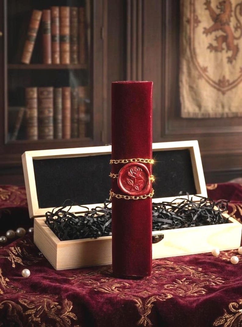 May include: A cylindrical scroll wrapped in deep red velvet, secured with a gold-toned metal chain and a circular red wax seal featuring an embossed rose design. The scroll stands upright in an open, light-colored wooden box filled with black paper.