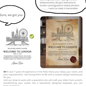 K&ouml;nnte beinhalten: Ein individuell gestalteter Willkommensbrief f&uuml;r London mit dem Text "Welcome to London" und dem Datum 16. April 2026. Der Brief zeigt eine Skyline-Illustration von London und ist von Akram Khan signiert. Das Design ist auf Pergamentpapier.