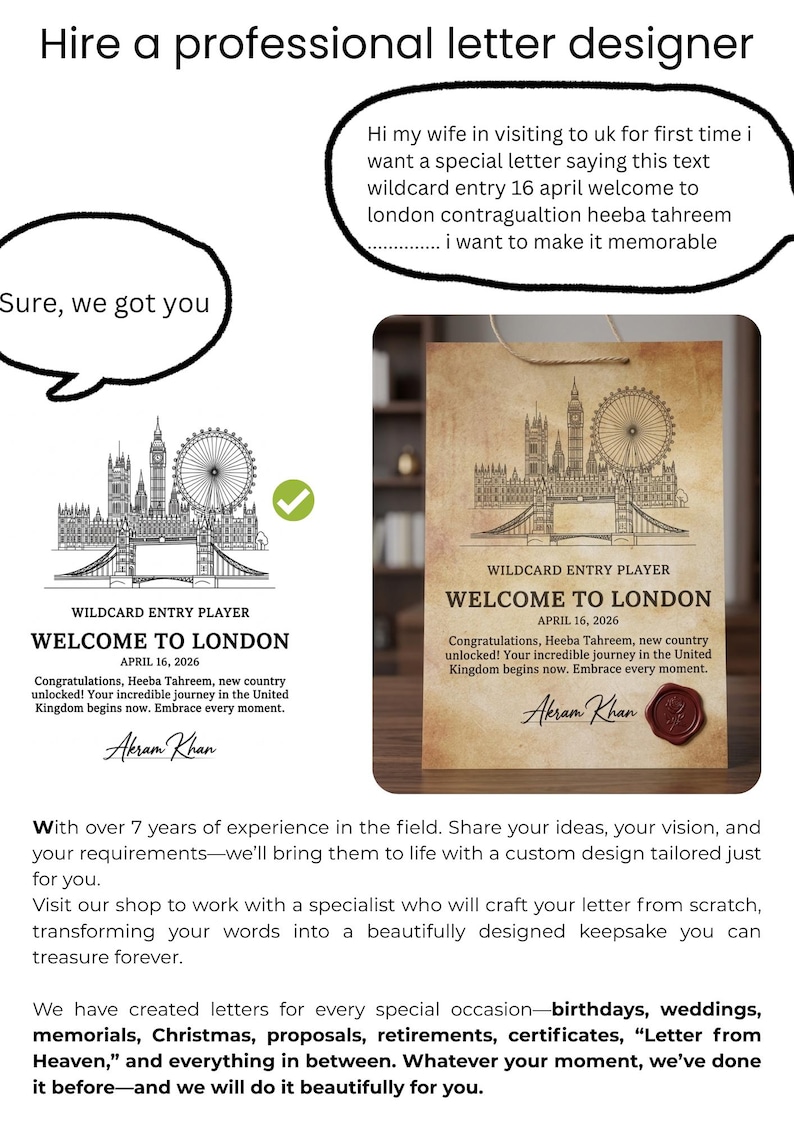 K&ouml;nnte beinhalten: Ein individuell gestalteter Willkommensbrief f&uuml;r London mit dem Text "Welcome to London" und dem Datum 16. April 2026. Der Brief zeigt eine Skyline-Illustration von London und ist von Akram Khan signiert. Das Design ist auf Pergamentpapier.