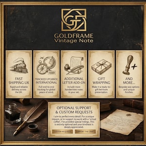 May include: An image with a gold frame featuring vintage-style graphics. The text includes "Goldframe Vintage Note" and options like "Fast Shipping UK," "Gift Wrapping," and "Custom Requests." A quill, inkwell, and wax seal are also visible.