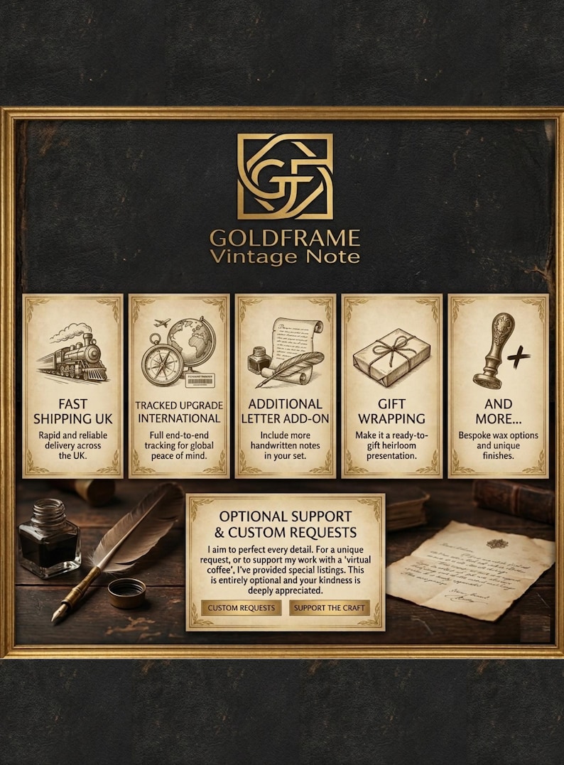 May include: An image with a gold frame featuring vintage-style graphics. The text includes "Goldframe Vintage Note" and options like "Fast Shipping UK," "Gift Wrapping," and "Custom Requests." A quill, inkwell, and wax seal are also visible.