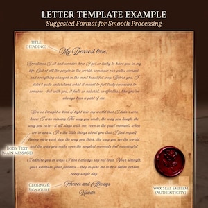 May include: A letter template on aged parchment paper featuring the text "LETTER TEMPLATE EXAMPLE," "My Dearest love," and a romantic message. The document includes labels for "TITLE (HEADING)," "BODY TEXT (MAIN MESSAGE)," "CLOSING & SIGNATURE," and a red wax seal emblem with a rose design labeled "WAX SEAL EMBLEM (AUTHENTICITY)."