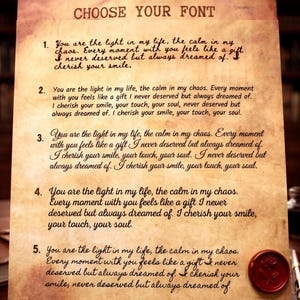 May include: A parchment-style paper with the heading CHOOSE YOUR FONT, displaying five numbered text options in various typefaces. The text reads, You are the light in my life, the calm in my chaos. A red wax seal with a rose emblem is in the corner.