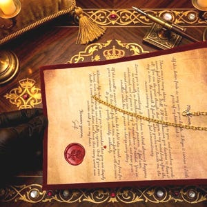 May include: A vintage-style parchment letter with a red wax rose seal, featuring handwritten-style text and a delicate gold-tone chain resting across the paper. The document is framed by a dark red border and held against a dark wooden desk surface.