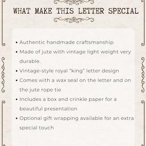 K&ouml;nnte beinhalten: Dekoratives Bild mit dem Text &bdquo;WHAT MAKE THIS LETTER SPECIAL&ldquo;. Es hebt handwerkliche Verarbeitung, Jute-Material, ein Design im Vintage-Stil, ein Wachssiegel und Geschenkverpackungsoptionen hervor.