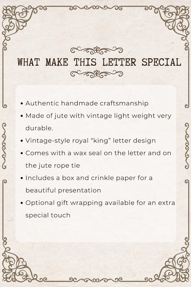 K&ouml;nnte beinhalten: Dekoratives Bild mit dem Text &bdquo;WHAT MAKE THIS LETTER SPECIAL&ldquo;. Es hebt handwerkliche Verarbeitung, Jute-Material, ein Design im Vintage-Stil, ein Wachssiegel und Geschenkverpackungsoptionen hervor.