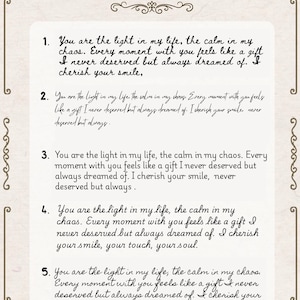 K&ouml;nnte beinhalten: Eine cremefarbene Karte mit verzierten R&auml;ndern und dem Text "CHOOSE YOUR FONT" oben. Darunter zeigen f&uuml;nf verschiedene Schriftbeispiele den Satz "You are the light in my life, the calm in my chaos."