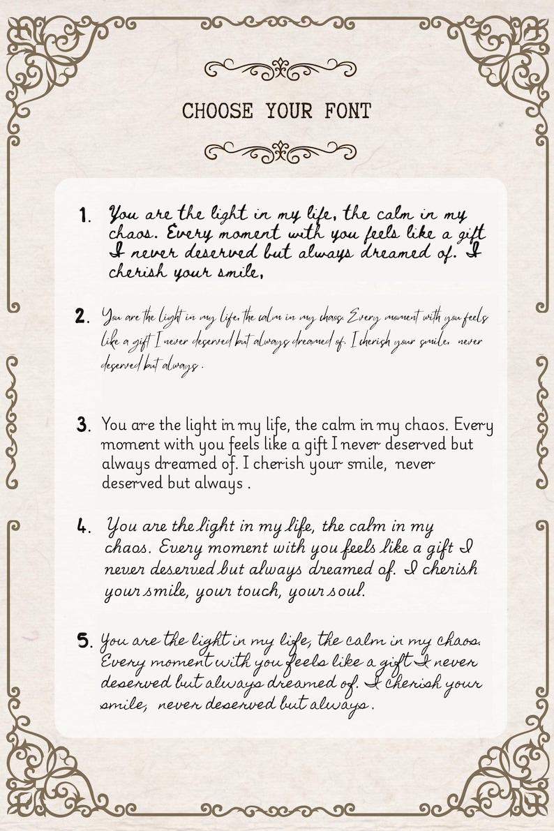 K&ouml;nnte beinhalten: Eine cremefarbene Karte mit verzierten R&auml;ndern und dem Text "CHOOSE YOUR FONT" oben. Darunter zeigen f&uuml;nf verschiedene Schriftbeispiele den Satz "You are the light in my life, the calm in my chaos."