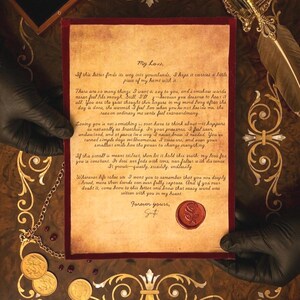 May include: A parchment letter with handwritten cursive text and a red wax seal featuring a rose design. The letter is bordered by a dark red velvet frame. The text begins with My Love and ends with Forever yours, with a signature below the wax seal.