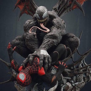 May include: A detailed statue of Venom, a monstrous figure with large wings and a long tongue, towering over a Spider-Man figure. The statue is predominantly dark grey with red accents, showcasing intricate textures and dynamic poses.