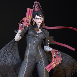 May include: A detailed figurine of a woman in a black jumpsuit with gold trim, holding two pink and gold pistols. She wears glasses and has a long, dark ponytail with red accents. The figure stands on a detailed base.