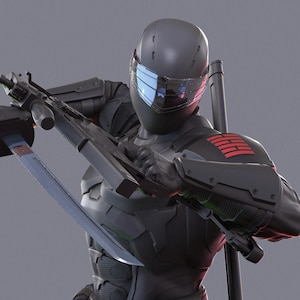 May include: A black armored figure with a helmet and visor, holding a rifle and a sword. The figure has red accents on the shoulder and is posed in a dynamic stance. The overall theme is action and combat.