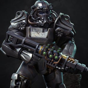 May include: A detailed image of a metallic gray power armor suit with a helmet and a large weapon. The armor has visible wear and tear, with intricate mechanical details. The weapon has green and yellow accents.