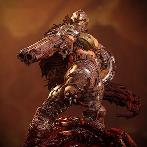 May include: A detailed action figure of a warrior in battle armor, holding a large double-barreled shotgun. The figure is posed on a rocky surface with a dark, reddish-brown background. The armor is metallic with spikes.