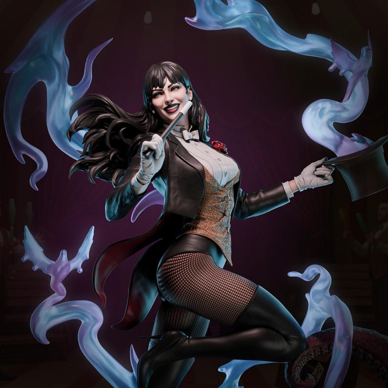 May include: A statue of a woman in a magician's outfit, holding a wand and a top hat. She wears a black suit, white gloves, and fishnet stockings. The statue is surrounded by blue, swirling magical effects, with a purple background.