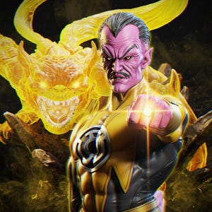 May include: A detailed digital illustration of a character in a yellow and black costume, with a purple face and a stern expression. A glowing yellow creature is behind the character. The character is holding out a glowing yellow ring.