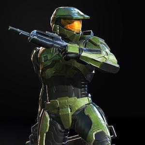 以下が含まれることがあります： 暗い背景に、ライフルを構えた緑と黒の装甲姿の人物が立っています。その人物はオレンジ色のバイザーが付いたヘルメットをかぶっています。鎧は質感があり、未来的なデザインを示唆する詳細があります。全体的な美学は、SFやビデオゲームのテーマを彷彿とさせます。