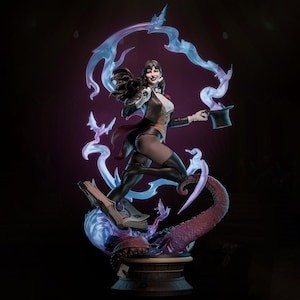 May include: A statue of a woman in a magician's outfit, running with a top hat and magical smoke effects. She wears a black jacket, vest, and tights. The base features a book, tentacles, and a wooden barrel.