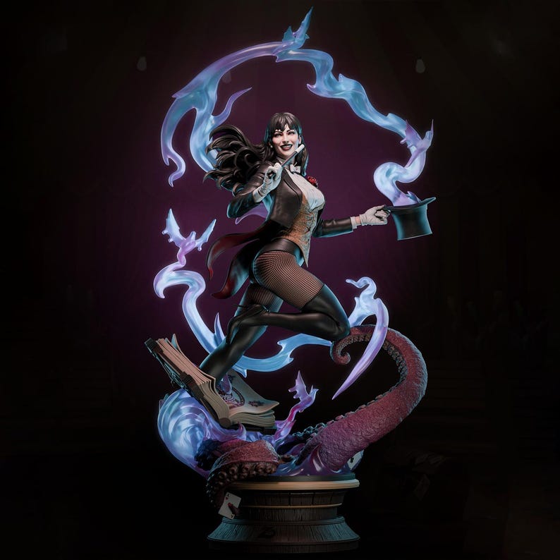 May include: A statue of a woman in a magician's outfit, running with a top hat and magical smoke effects. She wears a black jacket, vest, and tights. The base features a book, tentacles, and a wooden barrel.