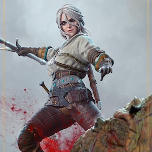 May include: A detailed action figure of a woman with white hair, dressed in a warrior outfit, wielding a sword. The figure is posed in a dynamic stance, with a determined expression. The scene includes a splash of red, suggesting a battle.