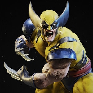May include: A detailed figurine of Wolverine in a dynamic pose, showcasing his iconic yellow and blue costume. The figure features sharp claws, a snarling expression, and detailed musculature. The figure's head has large, pointed ears.