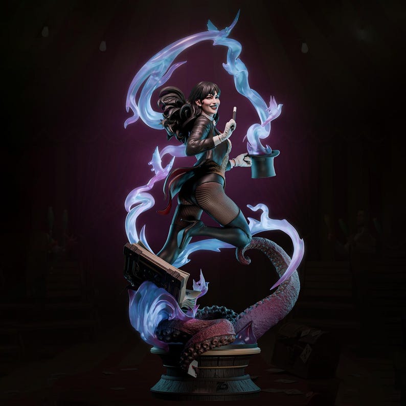 May include: A statue of a woman in a magician's outfit, holding a wand and a top hat. She is surrounded by blue and purple magical energy. The statue is on a pedestal with tentacles and an open book.