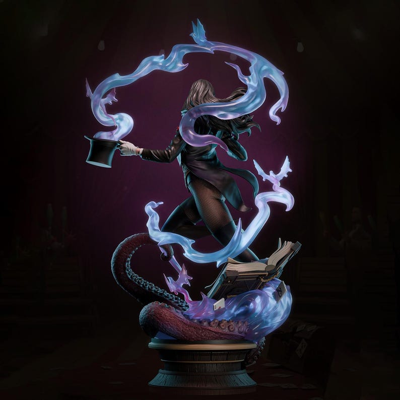 May include: A detailed statue of a magician in a black suit and top hat, with long hair, conjuring blue and purple energy. The statue is on a base with an open book and a stylized tentacle. The overall theme is fantasy and magic.