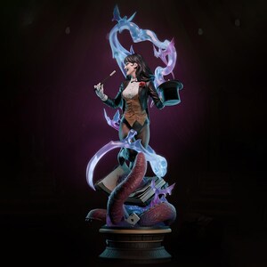 May include: A statue of a woman in a magician's outfit, holding a wand and a top hat. She is surrounded by swirling blue and purple smoke. The statue is on a wooden base with a tentacle-like structure and playing cards.