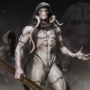Pode incluir: Uma figura musculosa de pele pálida com um capuz e tentáculos. A figura segura uma espada de bronze e tem marcas intrincadas no corpo. O fundo é um gradiente escuro.
