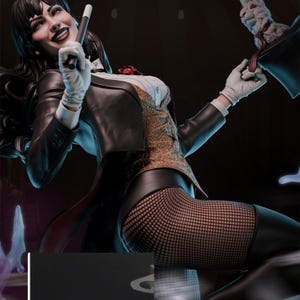 May include: A statue of a woman dressed as a magician, wearing a black suit jacket, white gloves, and fishnet stockings. She holds a wand and a top hat with a rabbit. The statue has a detailed design with a gold vest and a red rose.