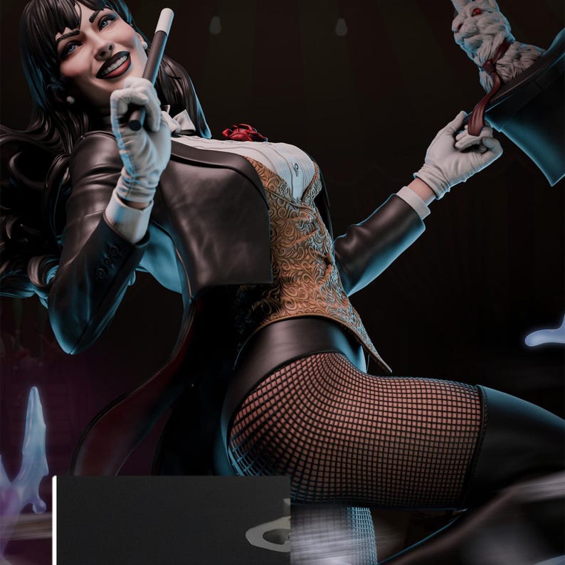May include: A statue of a woman dressed as a magician, wearing a black suit jacket, white gloves, and fishnet stockings. She holds a wand and a top hat with a rabbit. The statue has a detailed design with a gold vest and a red rose.
