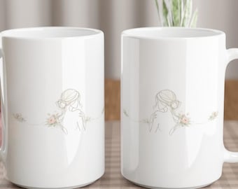 Floral Woman Ceramic Mug: Feminine Line Art - Blush Neutral Palette