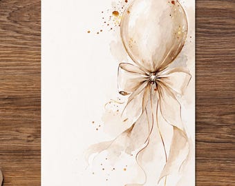 Birthday Card: Watercolor Balloon, Neutral Tones - Personalized Message
