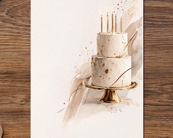 Personalized Birthday Card: Elegant Watercolor Cake with Gold Accents