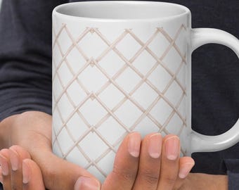 Ceramic Coffee Mug: Neutral Beige Trellis - Large 20 oz