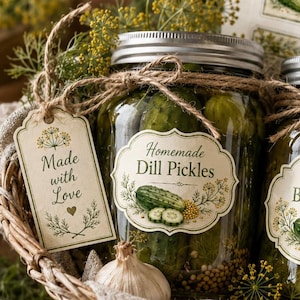 以下が含まれることがあります： Homemade Dill PicklesとBread and Butter Picklesと書かれたラベルが貼られた2つのガラス瓶が、ニンニク、ディル、ラベルシート、Made with LoveとFrom My Kitchen to Yoursと書かれた2つのギフトタグと共に編みかごに入っています。