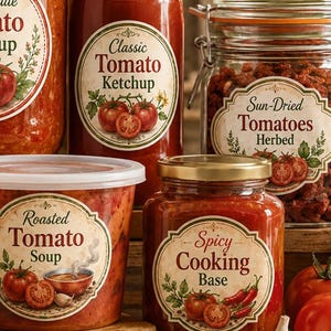 Può includere: Una collezione di barattoli di vetro e un contenitore di plastica riempiti con prodotti a base di pomodoro. Le etichette riportano Rustic Tomato Cooking Base, Homemade Tomato Ketchup, Classic Tomato Ketchup, Sun-Dried Tomatoes Herbed, Savory Cooking Base, Roasted Tomato Soup e Spicy Cooking Base.