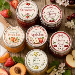 May include: Six glass jars filled with fruit preserves, including strawberry jam, sweet cherry sauce, peach jam, apple jam, cherry syrup, and pear goodness. Each jar features a decorative label with fruit illustrations and text on the lid.