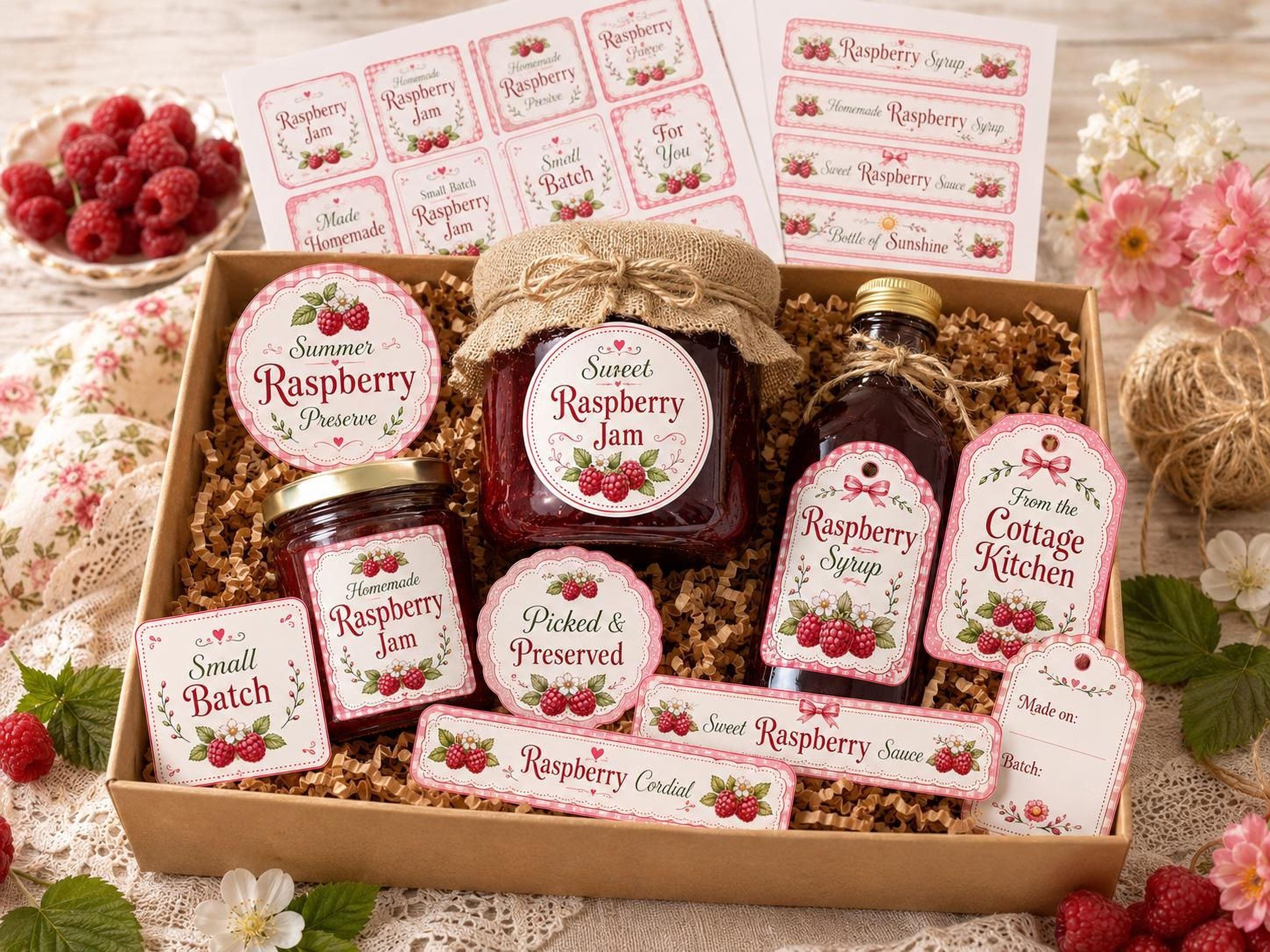 Raspberry Name Tag Raspberry Jar Labels: Cottage Kitchen Printable Tags (jam, Syrup, Gift ...