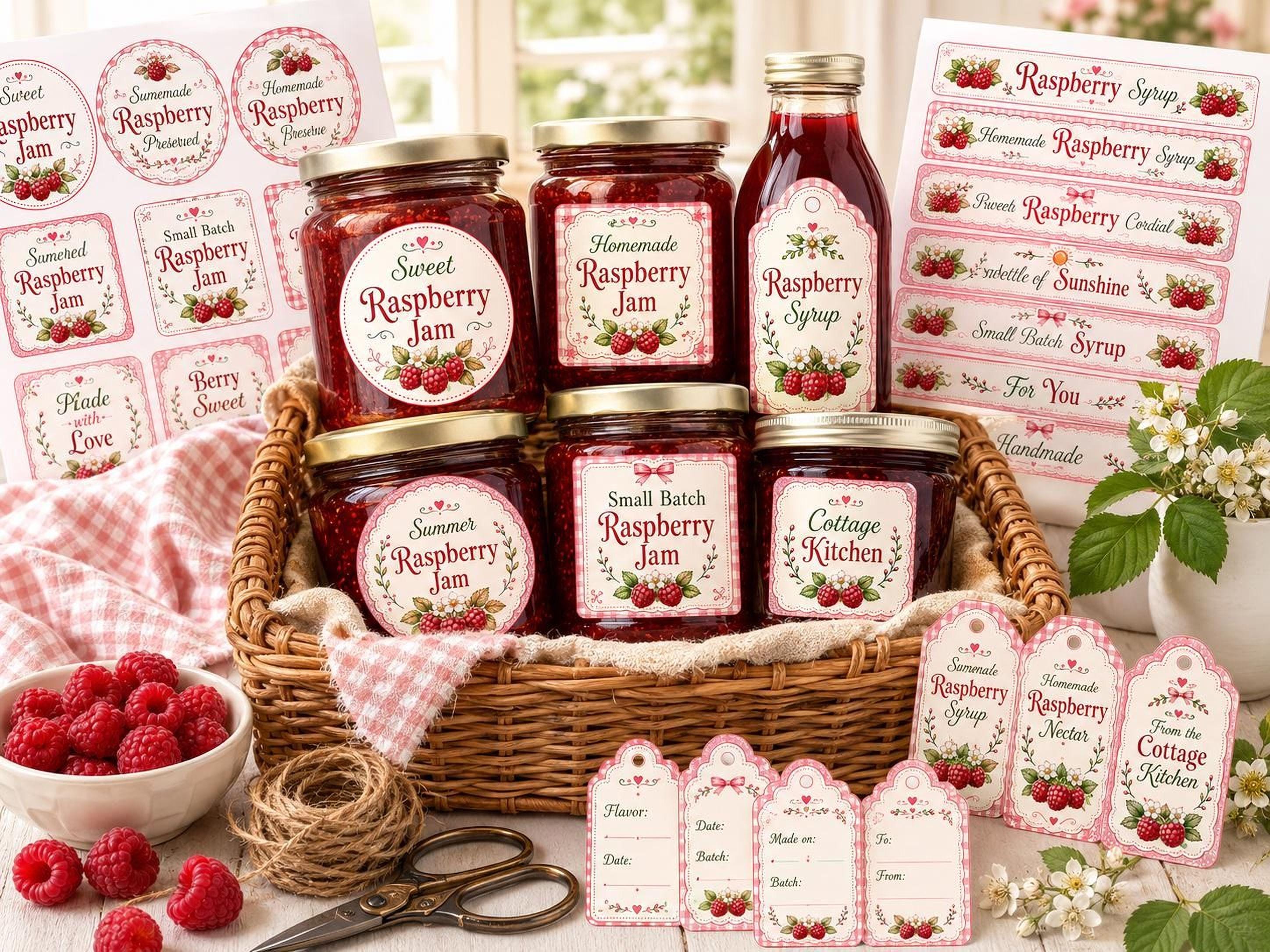 Raspberry Name Tag Raspberry Jar Labels: Cottage Kitchen Printable Tags (jam, Syrup, Gift ...