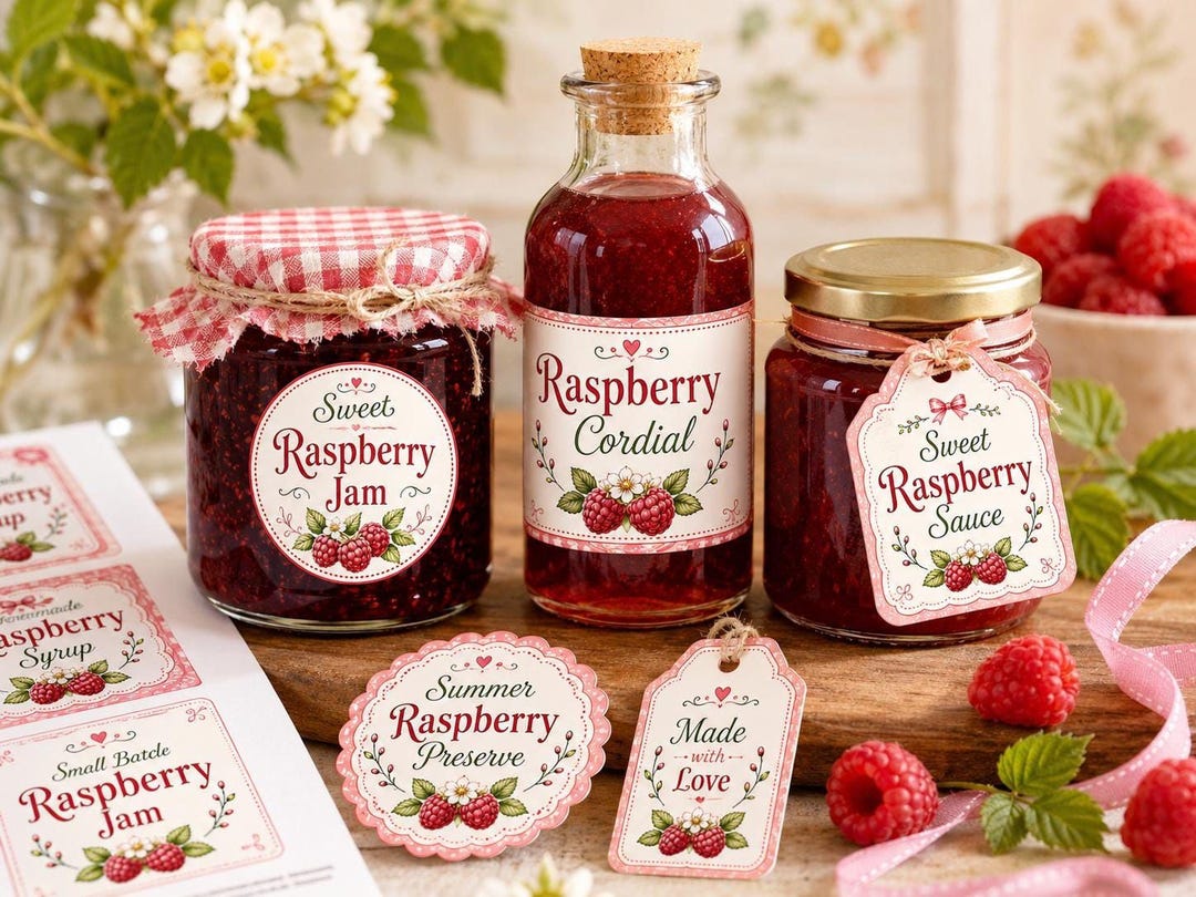 Raspberry Jar Labels: Cottage Kitchen Printable Tags (jam, Syrup, Gift ...